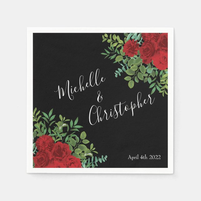 Black and Red Peony Rose Floral Wedding Napkin (Front)