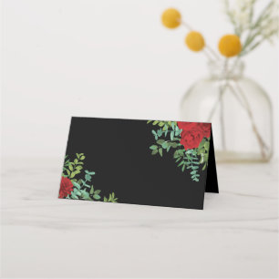 Black and Red Peony Rose Floral Wedding Place Card