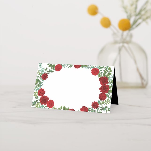Black and Red Peony Rose Floral Wedding Place Card (Front)