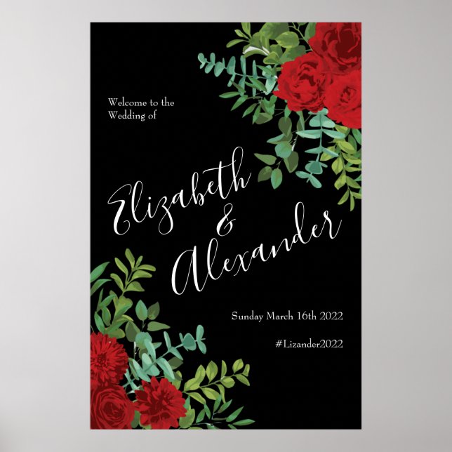 Black and Red Peony Rose Floral Wedding Poster (Front)
