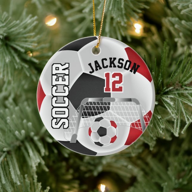Black and Red Personalize Soccer Ball Ceramic Ornament (Tree)