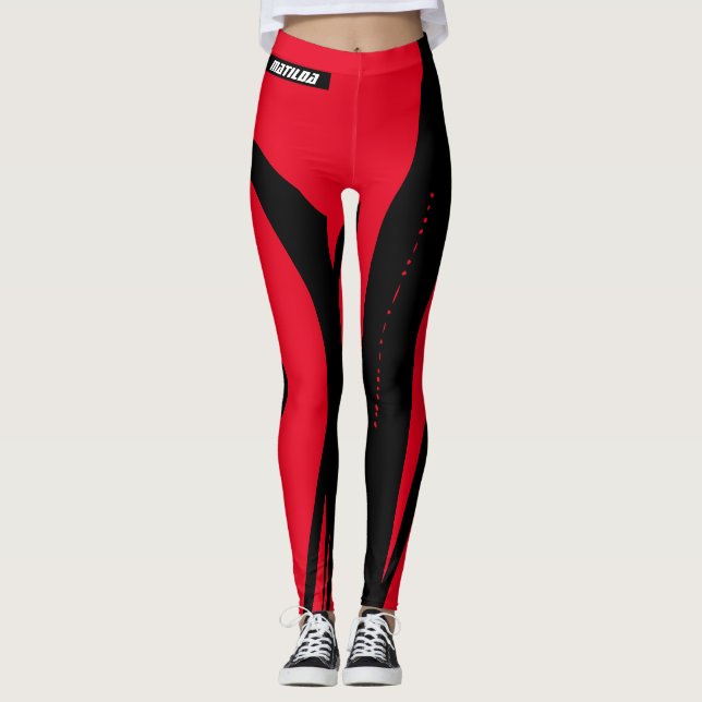 Black And Red Personalized Name Leggings (Front)