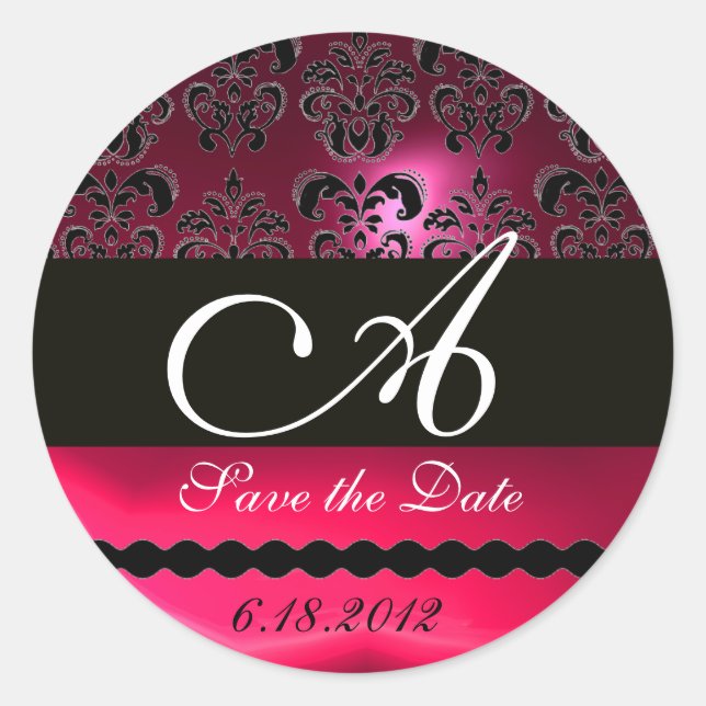 BLACK AND RED PINK FUCHSIA  RUBY DAMASK MONOGRAM, CLASSIC ROUND STICKER (Front)