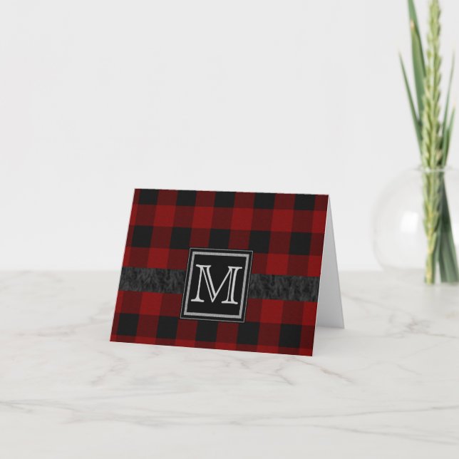 Black and Red Plaid Monogram Note Card (Front)