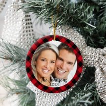 Black and Red Plaid Round Photo Christmas Ornament