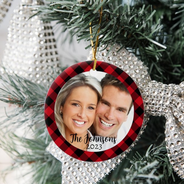 Black and Red Plaid Round Photo Christmas Ornament (Creator Uploaded)