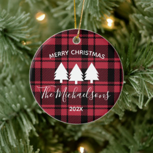 Black and Red Plaid with Monogram Name Photo   Ceramic Ornament