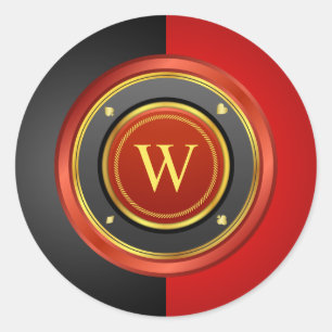 Black and Red Poker Chip with Custom Monogram Classic Round Sticker