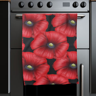 Black and Red Poppies Floral Pattern Kitchen Towel