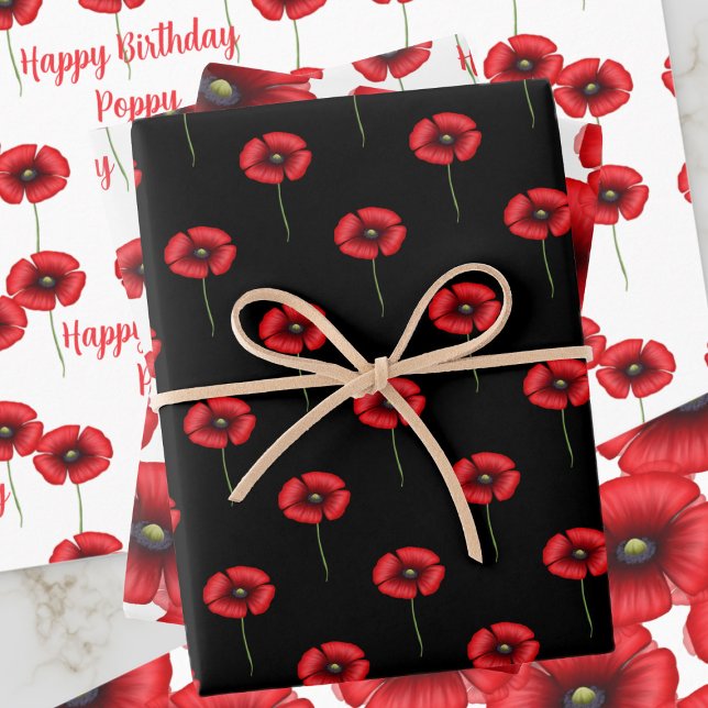 Black and Red Poppies Wrapping Paper Sheets (A trio of poppy theme wrapping paper sheets with space on one to add your own text)