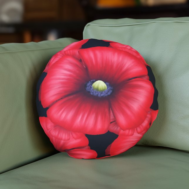 Black and Red Poppy Pattern Round Pillow (Pop a pretty poppy pillow on your sofa today!)