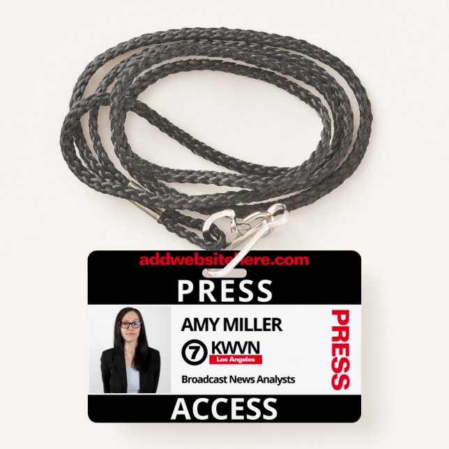 Black and Red Press Pass Custom Name Employee Badge (Front with Lanyard)