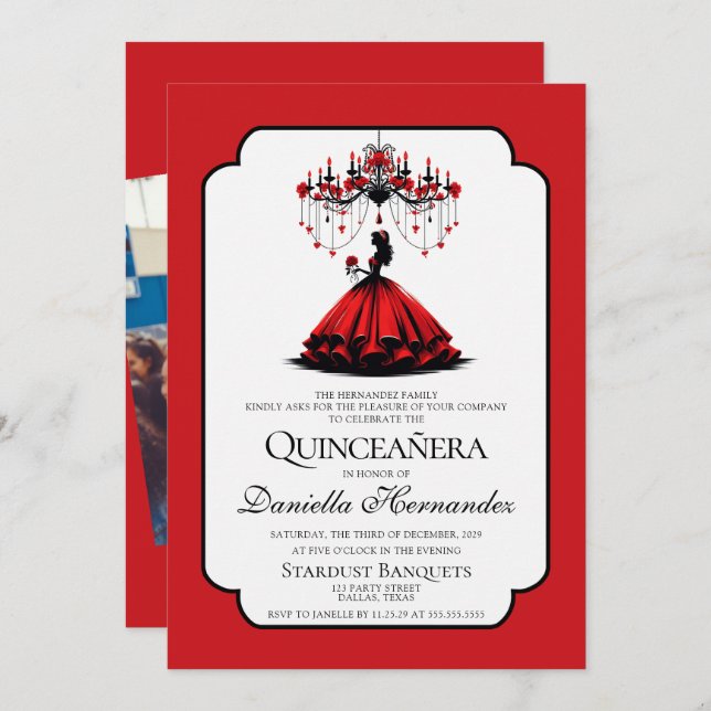 Black and Red Quinceañera Invitation (Front/Back)