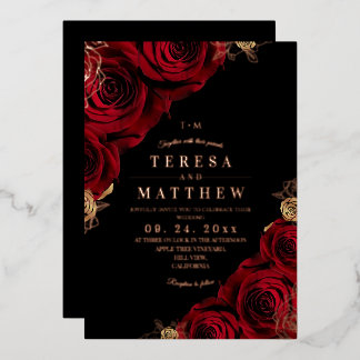 Black and Red Roses Flowers Gold Foil Wedding 