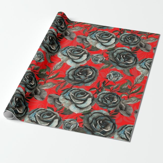 Black and red roses pattern wrapping paper (Unrolled)