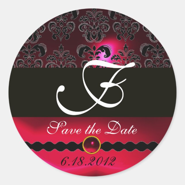 BLACK AND RED RUBY DAMASK MONOGRAM,burgundy Classic Round Sticker (Front)