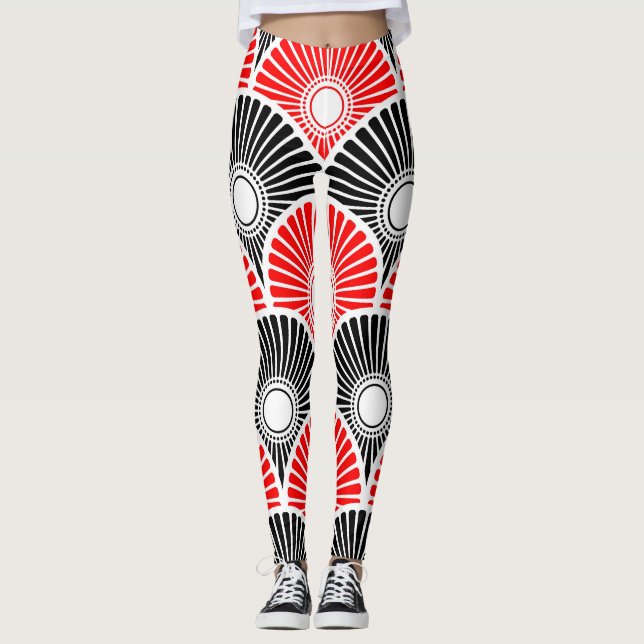Black and Red semi circle wave pattern Leggings (Front)