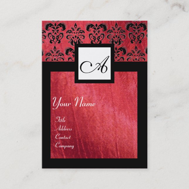 BLACK AND RED SILK DAMASK SQUARE MONOGRAM BUSINESS CARD (Front)