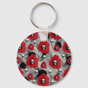 Black and red skull poppies polka dots keychain