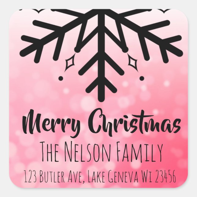 Black and Red Snowflake Personalized Christmas Square Sticker (Front)