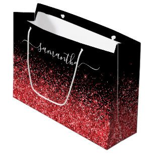 Black and Red Sparkly Glitter Elegant Name Large Gift Bag