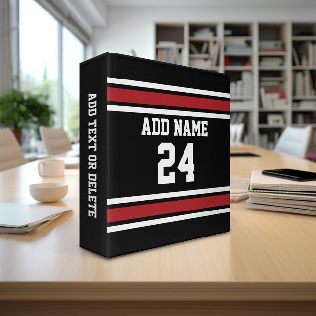Black and Red Sports Jersey Custom Name Number Binder (Personalized 3-ring binder - sports theme with area for name and custom text)