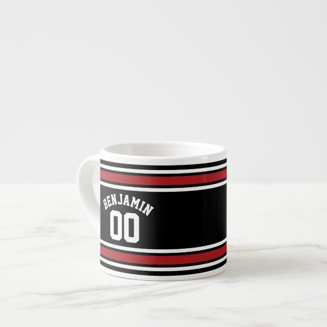 Black and Red Sports Jersey Custom Name Number Espresso Cup (Front Left)