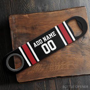 Black and Red Sports Jersey Custom Name Number Speed Bottle Opener