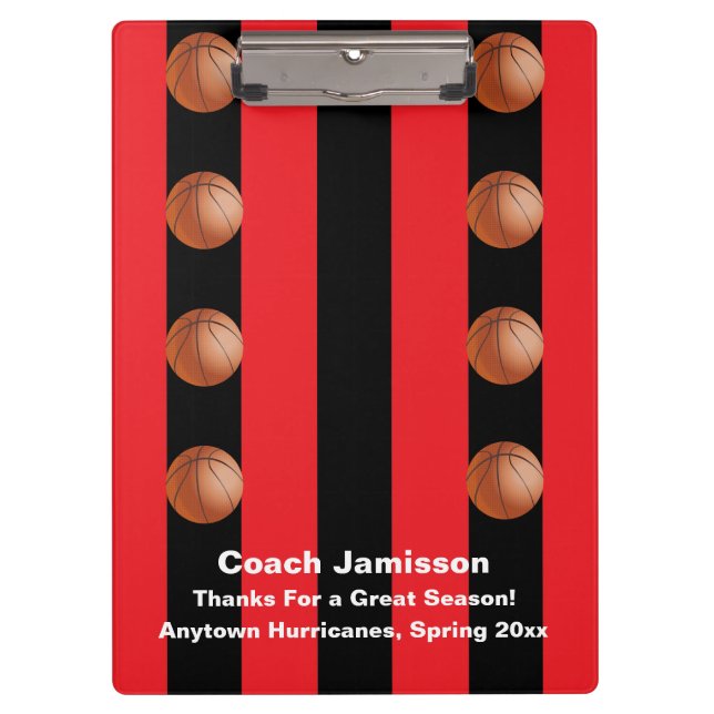 Black and Red Stripe, Basketball Coach Thank You Clipboard (Front)