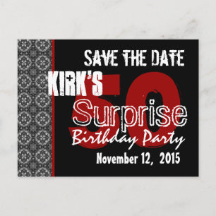 Black and Red Surprise 50th Birthday Save the Date Announcement Postcard