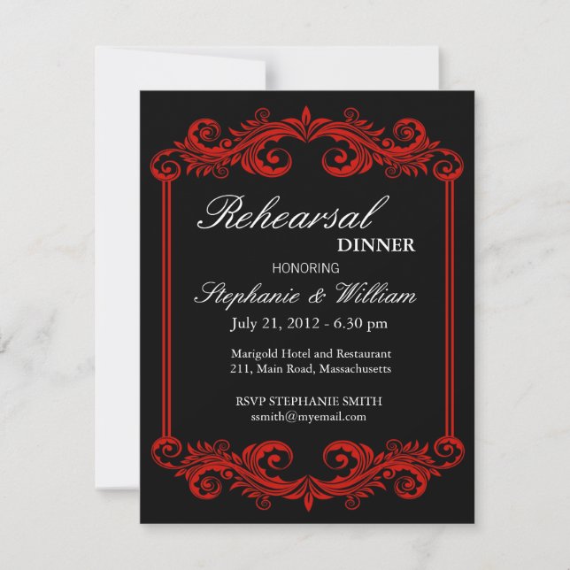 Black and Red Swirl Rehearsal Dinner Invitation (Front)