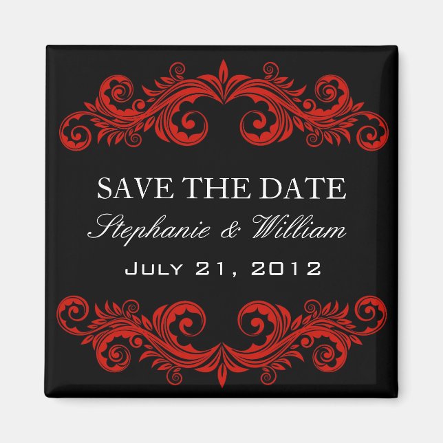 Black and Red Swirl Save The Date Magnet (Front)