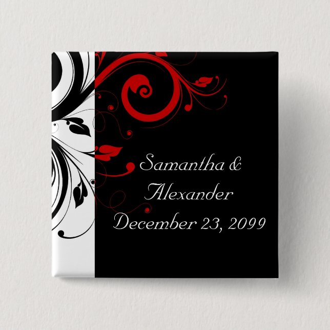 Black and Red Swirly Vines 2 Inch Square Button (Front)