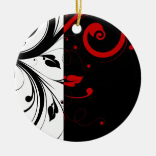 Black and Red Swirly Vines Ceramic Ornament