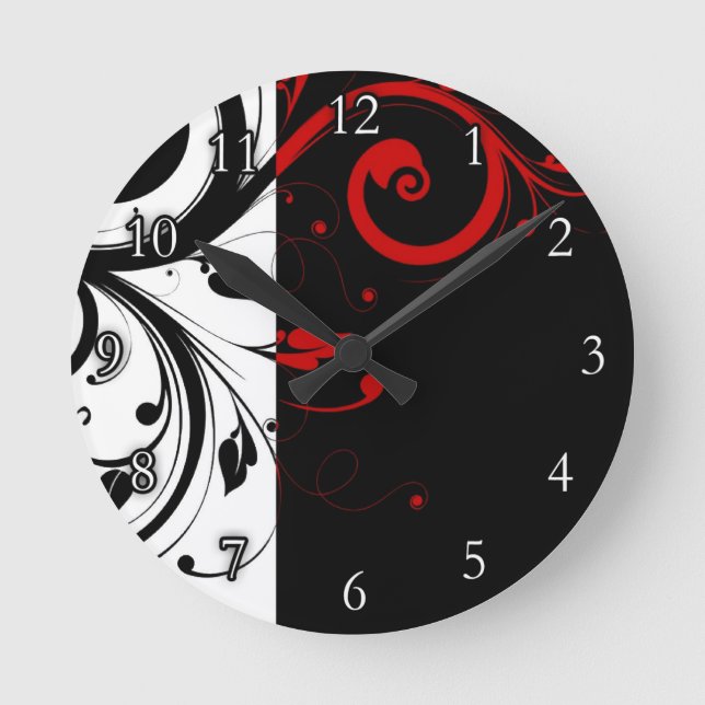 Black and Red Swirly Vines Round Clock (Front)