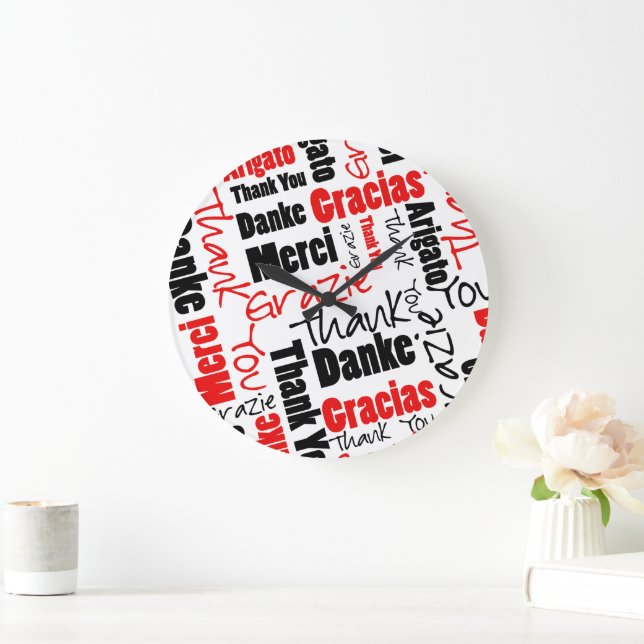 Black and Red Thank You Word Cloud Large Clock (Home)