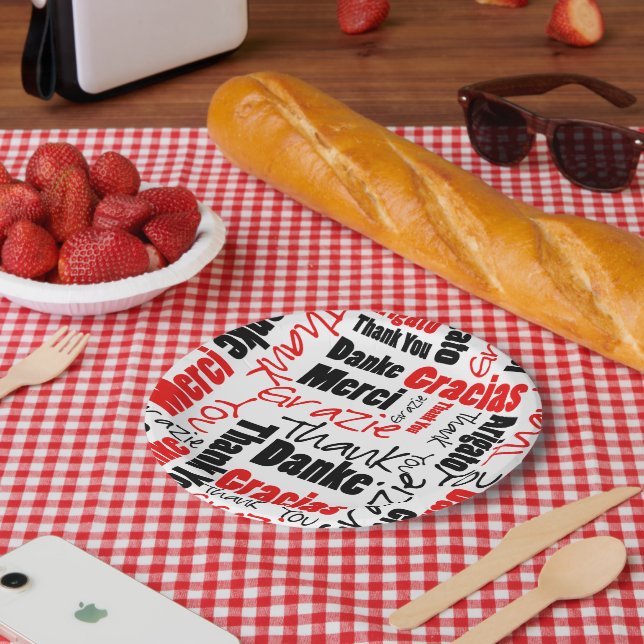 Black and Red Thank You Word Cloud Paper Plate (Picnic)