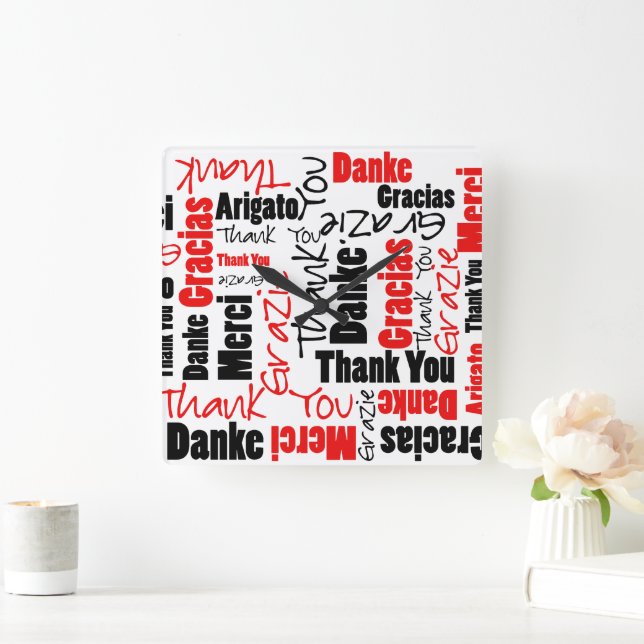 Black and Red Thank You Word Cloud Square Wall Clock (Home)