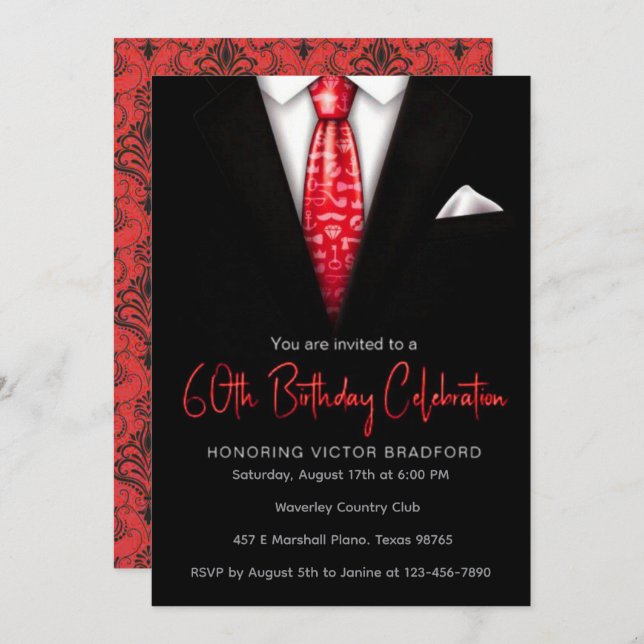 Black and Red Tuxedo Anniversaire Invitation (Devant / Derrière)