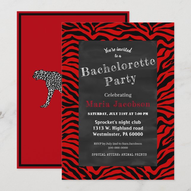 Black and red zebra striped chalkboard invitation (Front/Back)