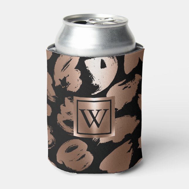 Black and Rose Gold Abstract Brush Can Cooler (Can Front)