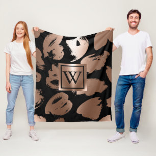 Black and Rose Gold Abstract Brush Fleece Blanket