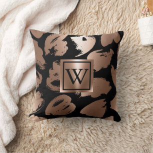 Black and Rose Gold Abstract Brush Throw Pillow