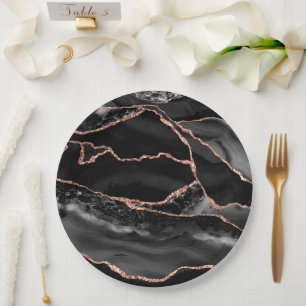 Black and Rose Gold Agate Geode Formal Paper Plate