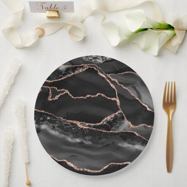 Black and Rose Gold Agate Geode Formal Paper Plate (Wedding)