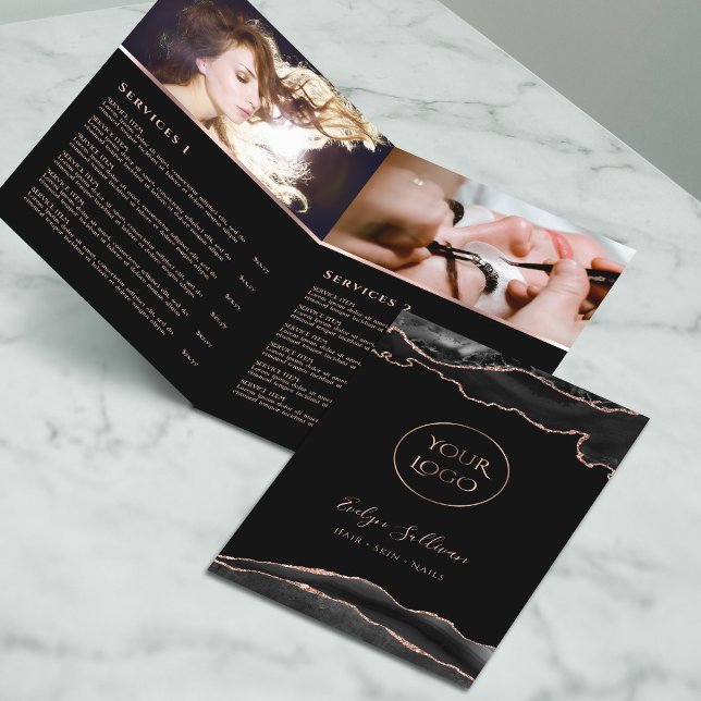 black and rose gold agate service menu brochure (Creator Uploaded)