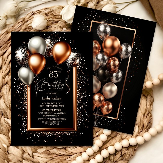 Black and Rose Gold Balloons 85th Birthday Party Invitation (Creator Uploaded)