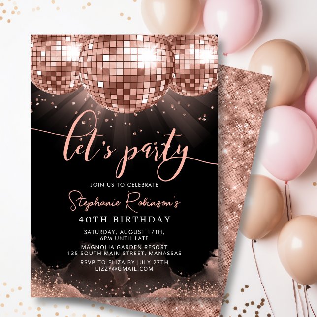 Black and Rose Gold Disco Ball 40th Birthday Party Invitation (Creator Uploaded)