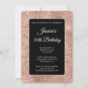 Black and Rose Gold Disco Glitter 30th Birthday Invitation