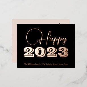 Black and Rose Gold Foil Happy New Year 2023 Holiday Postcard